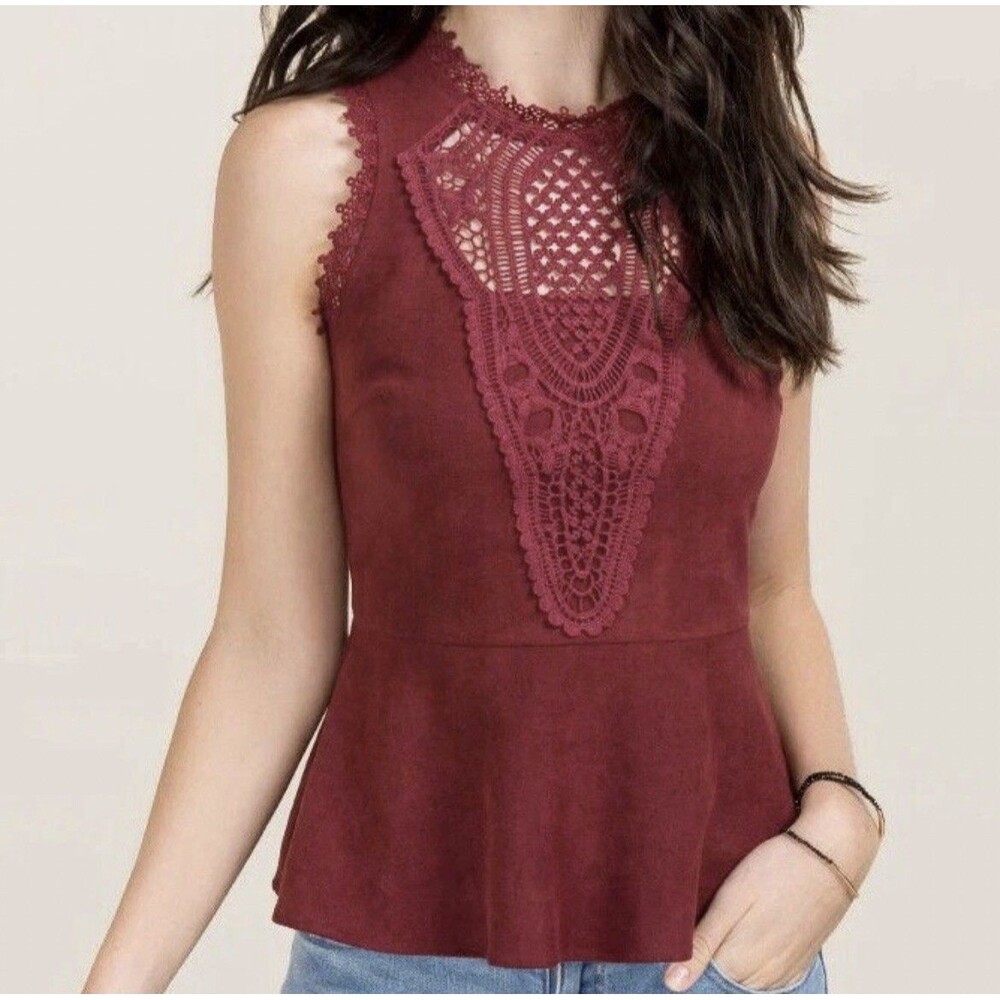 Alya Women’s Burgundy Suede High Neck Sleeveless Peplum Tank Top size small EUC